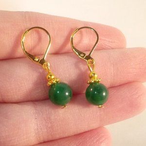 Natural 8mm Green Jade Gemstone Bead Dangle Earrings AAA Yellow Gold Party Gift